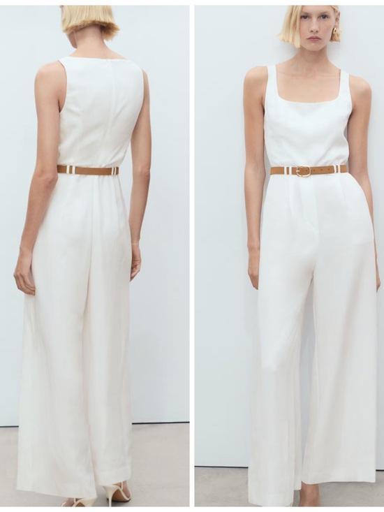 Mango Pants - Mango Off-White Sleeveless Lyocell Jumpsuit with Tan Belt